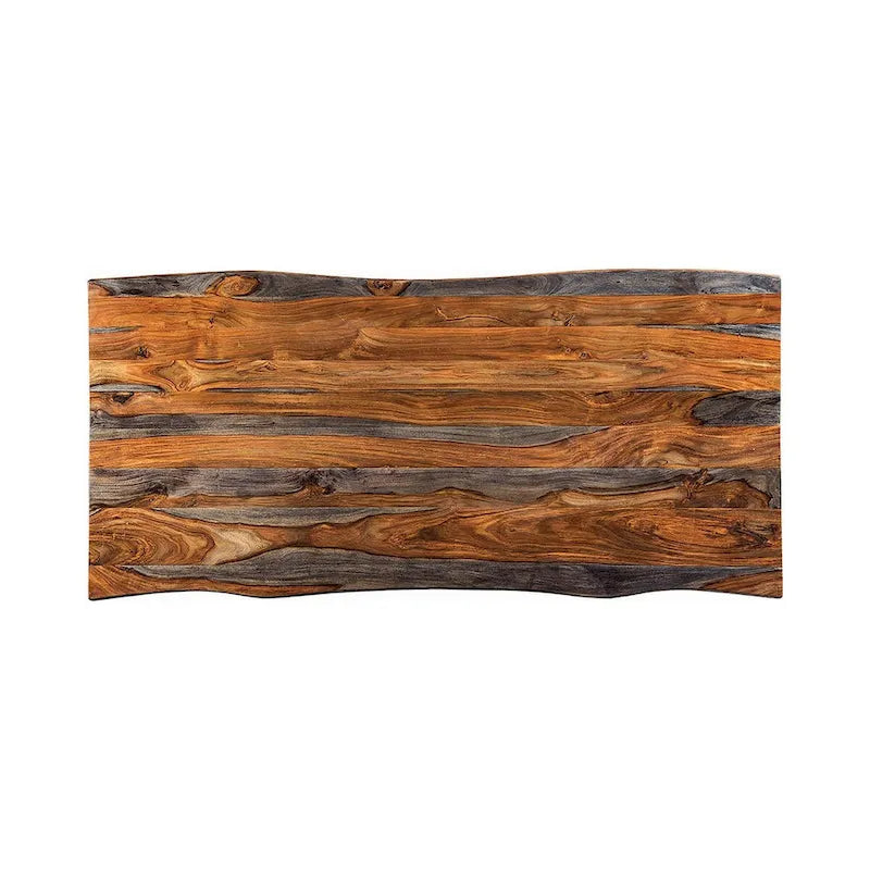 Maze 80 Inch Rectangular Dining Table, Live Edge, Iron Base, Chestnut Brown