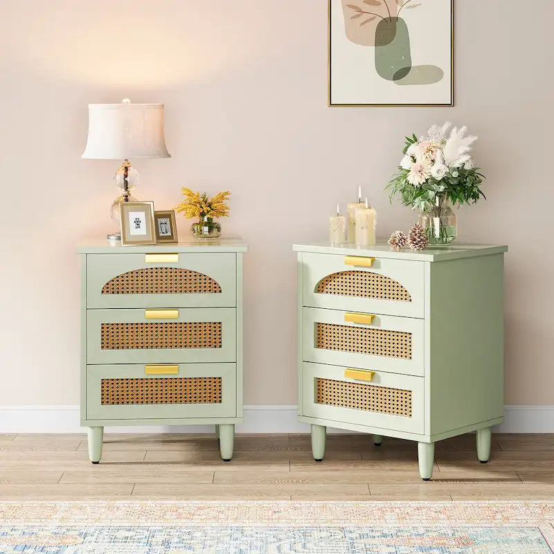 20-Inch Night Stand, 3-Drawer Wood Bedside Table Storage Cabinet for Bedroom, Green