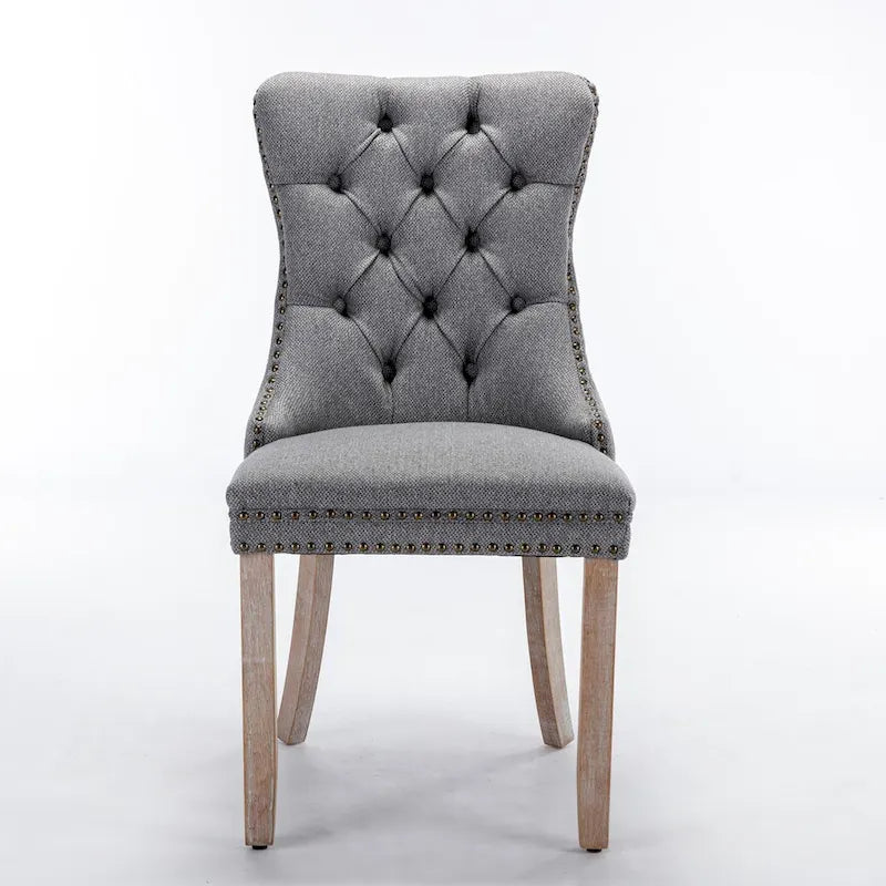 High-end Tufted Solid Wood Contemporary Flax Upholstered Linen Dining Chair with Wood Legs Nailhead Trim 2-Pcs Set