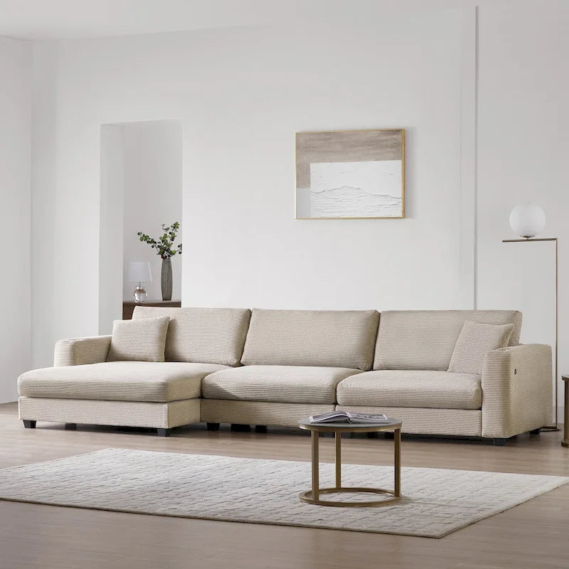 Oversized Corduroy Sectional Sofa,L Shaped Cloud Couch with USB Charging Port,Cup Holder,Deep Seat Sofa Bed with 50 Chaise