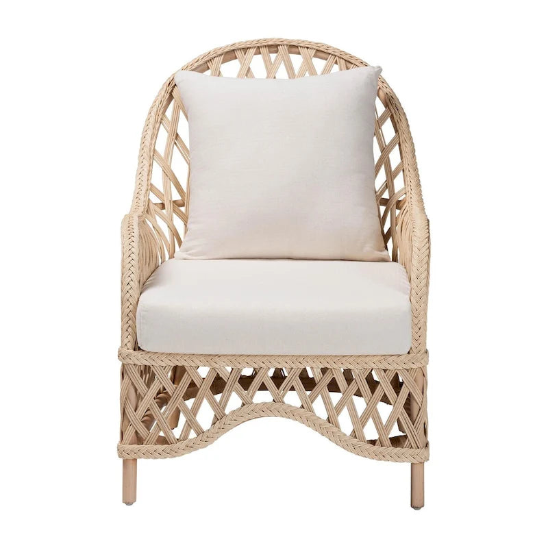 Florence Bohemian Ivory Braided Rattan Arm Chair with Removable Cushion