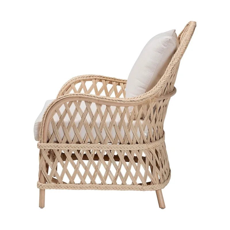Florence Bohemian Ivory Braided Rattan Arm Chair with Removable Cushion