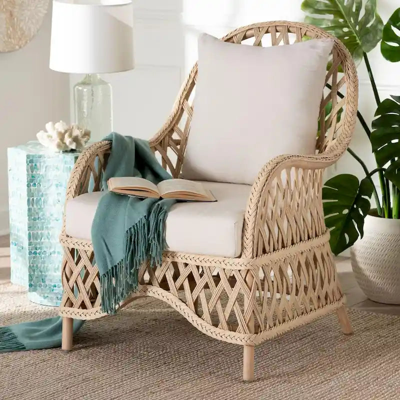 Florence Bohemian Ivory Braided Rattan Arm Chair with Removable Cushion