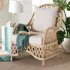 Florence Bohemian Ivory Braided Rattan Arm Chair with Removable Cushion