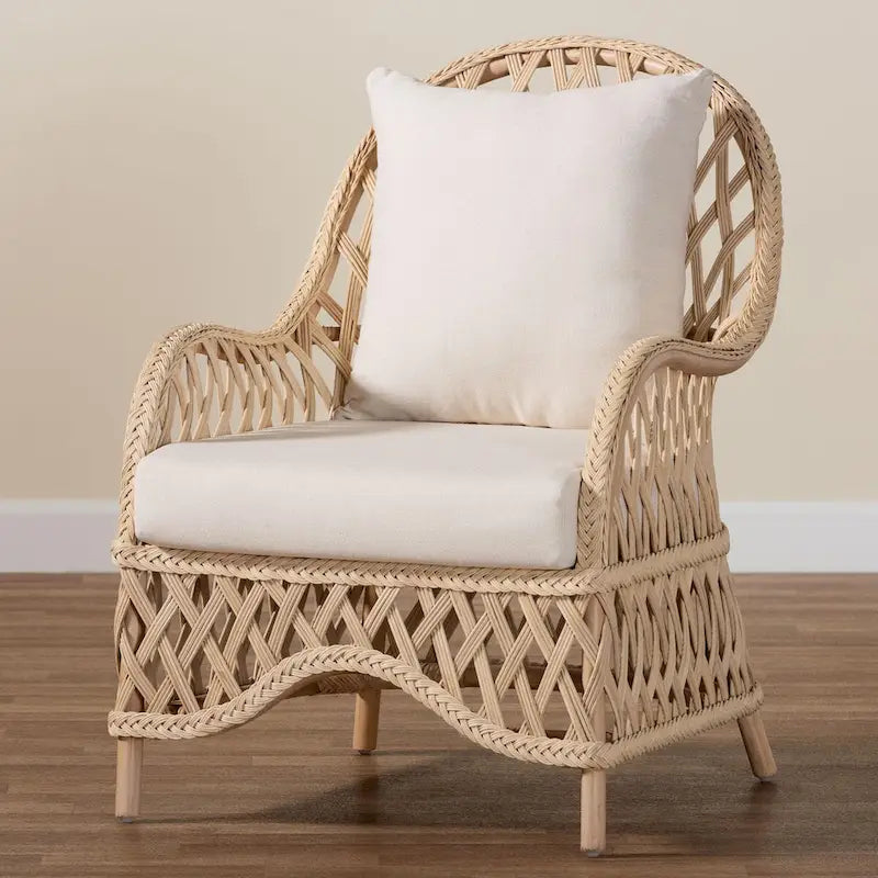 Florence Bohemian Ivory Braided Rattan Arm Chair with Removable Cushion