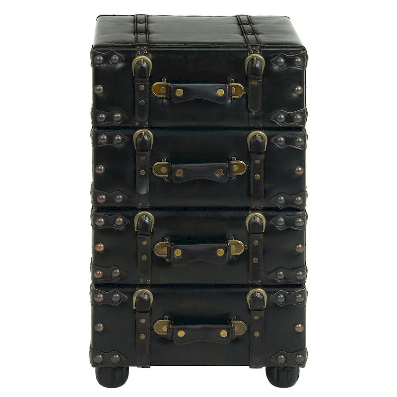 Black Faux Leather Vintage 4-Drawer Chest with Buckle Straps & Gold Stud Details