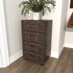 Black Faux Leather Vintage 4-Drawer Chest with Buckle Straps & Gold Stud Details