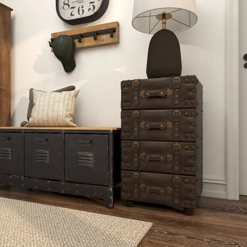 Black Faux Leather Vintage 4-Drawer Chest with Buckle Straps & Gold Stud Details