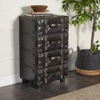 Black Faux Leather Vintage 4-Drawer Chest with Buckle Straps & Gold Stud Details