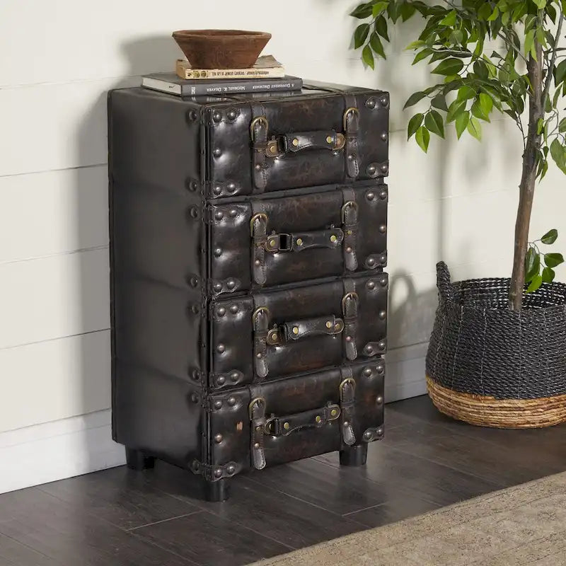 Black Faux Leather Vintage 4-Drawer Chest with Buckle Straps & Gold Stud Details
