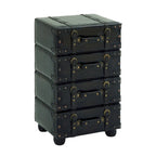Black Faux Leather Vintage 4-Drawer Chest with Buckle Straps & Gold Stud Details