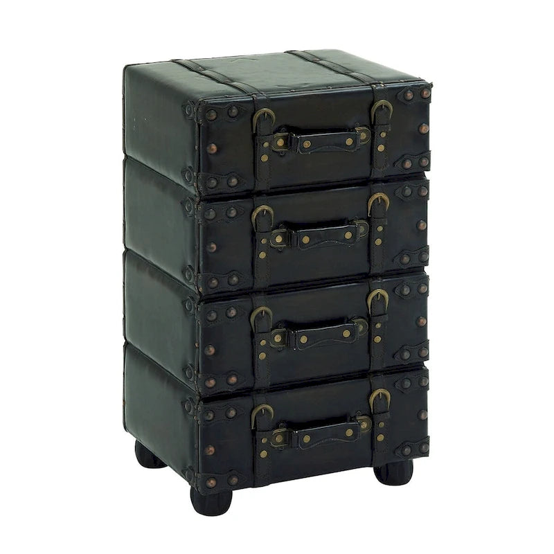 Black Faux Leather Vintage 4-Drawer Chest with Buckle Straps & Gold Stud Details