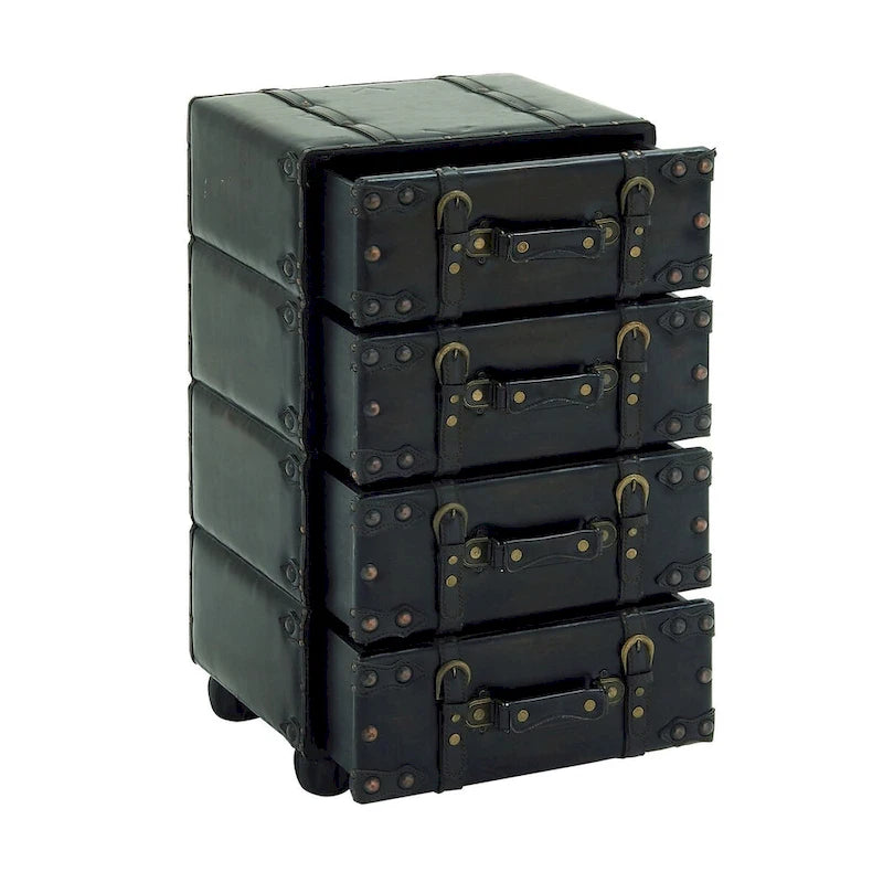 Black Faux Leather Vintage 4-Drawer Chest with Buckle Straps & Gold Stud Details