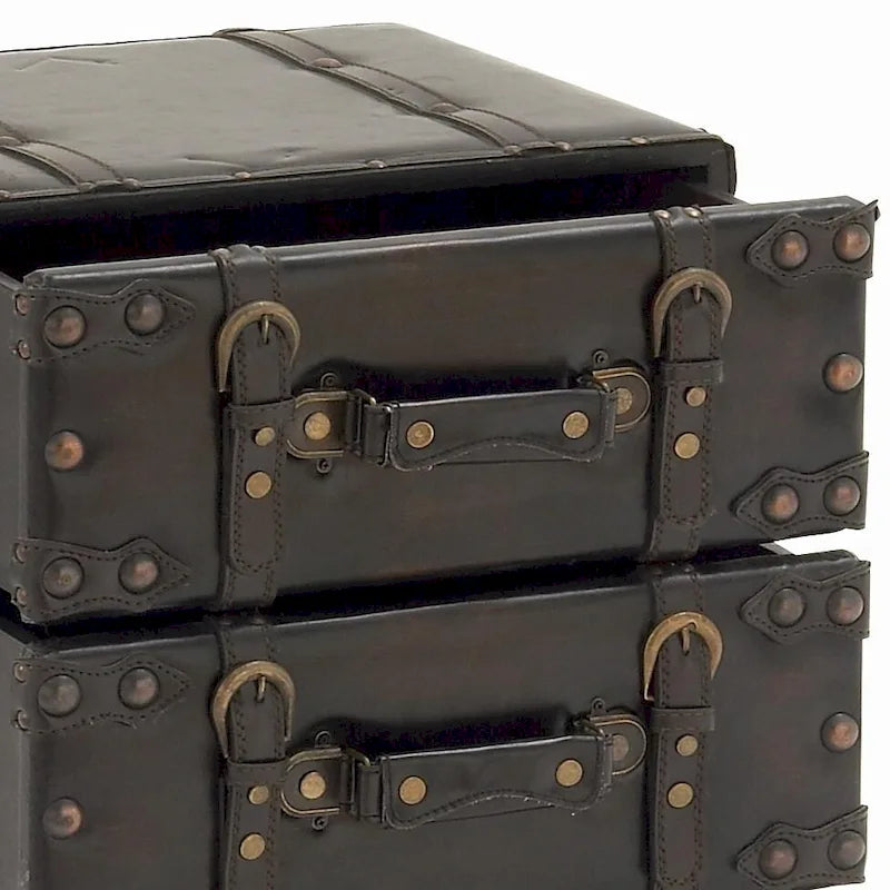 Black Faux Leather Vintage 4-Drawer Chest with Buckle Straps & Gold Stud Details