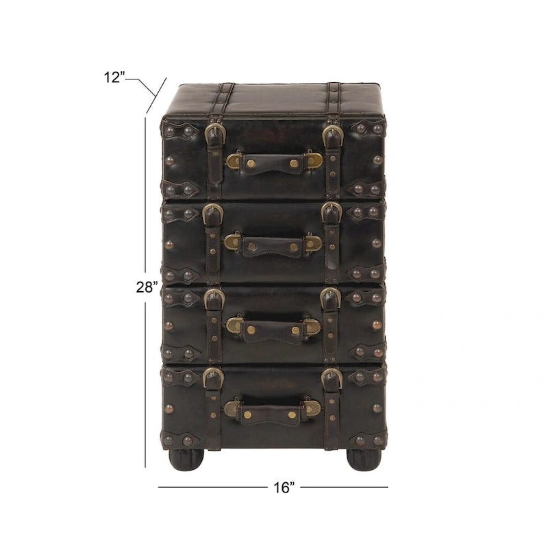 Black Faux Leather Vintage 4-Drawer Chest with Buckle Straps & Gold Stud Details